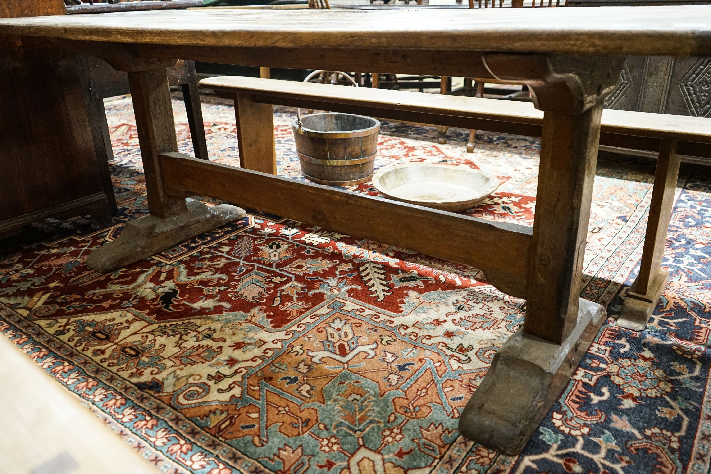 A 17th century style oak refectory table, width 191cm, depth 74cm, height 73cm